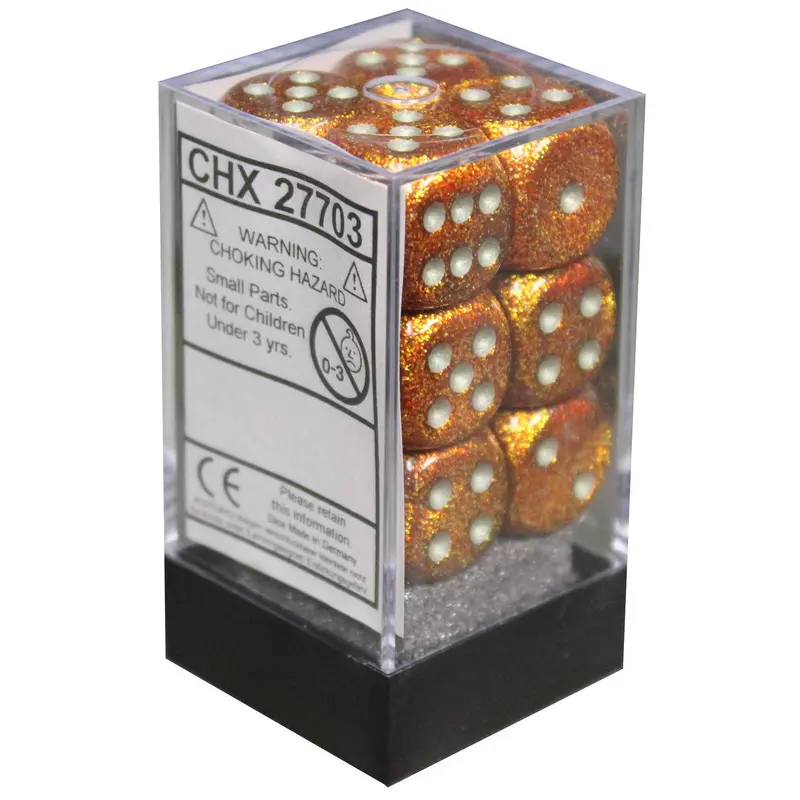 Chessex: Glitter 16mm D6 - Gold/Silver Dice Block (12)