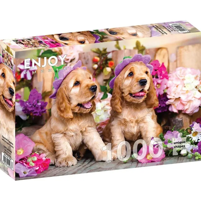 Enjoy Puzzle: Spaniel Puppies with Flower Hats (1000pc Jigsaw)