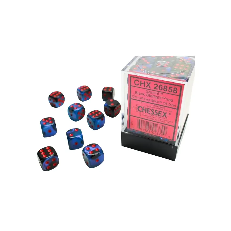 CHX26858:Gemini Black-Starlight/Red 12mm d6 Dice Block (36)