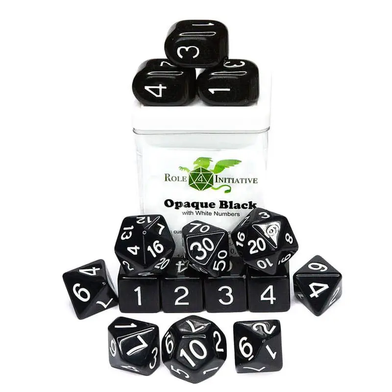 R4I 15ct Polyhedral Dice Set Opaque Black w/ White