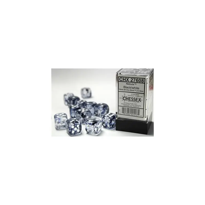 CHX 27608 NEBULA 16MM D6 BLACK/WHITE DICE BLOCK (12 DICE)