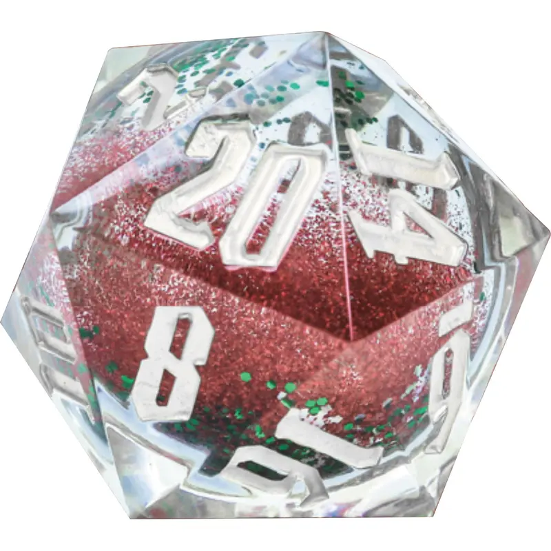 Snow Globe: 54mm D20 - Silver Ink Red and Green Glitter Silver Snowflakes