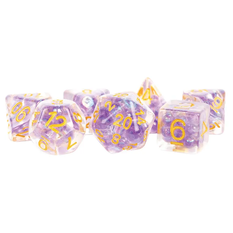 16mm Resin Poly Dice Set: Pearl Purple with Gold Numbers (7)