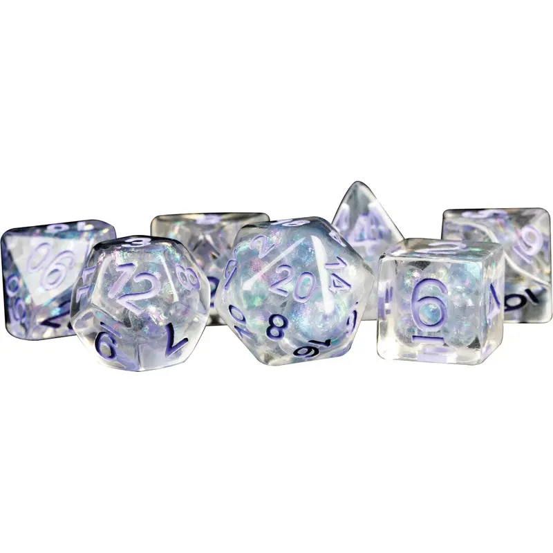 16mm Resin Poly Dice Set: Pearl with Purple Numbers (7)