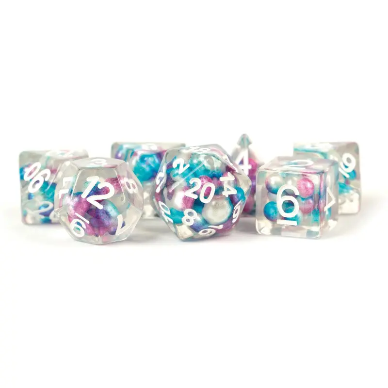 Pearl Resin 16mm Poly Dice Set: Gradient Purple/Teal/White Numbers (7)