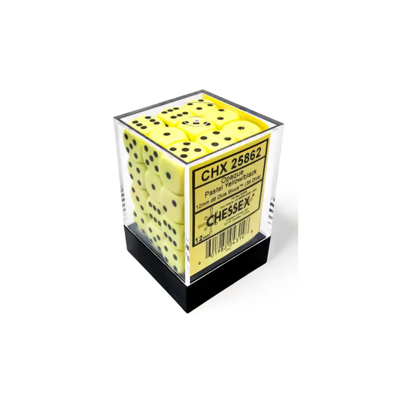 Opaque 12mm d6 Pastel Yellow/black Dice Block (36 dice)