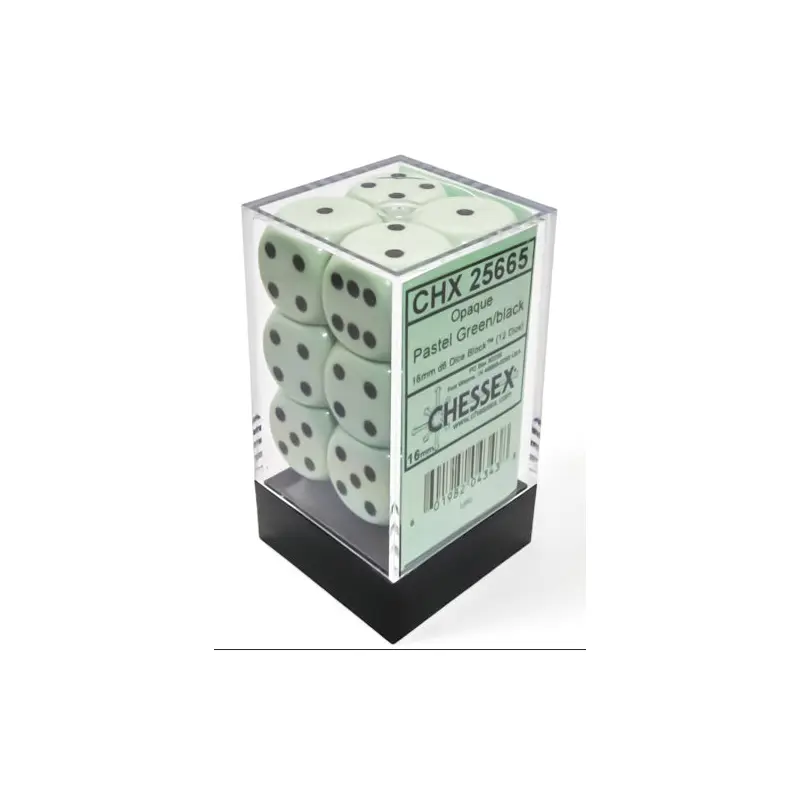 Opaque 16mm d6 Pastel Green/black Dice Block (12 dice)
