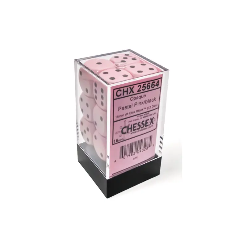 Opaque 16mm d6 Pastel Pink/black Dice Block (12 dice)