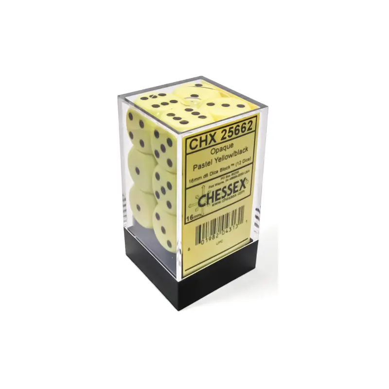 Opaque 16mm d6 Pastel Yellow/black Dice Block (12 dice)