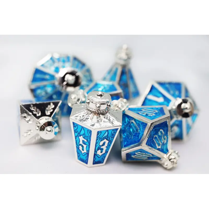 Moonlit Lantern: Silvered Frostfire - Metal RPG Dice Set