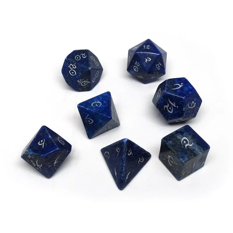 Lapis Semi-Precious Gemstone 7ct Polyhedral Dice Set with Silver Elvenkind Font
