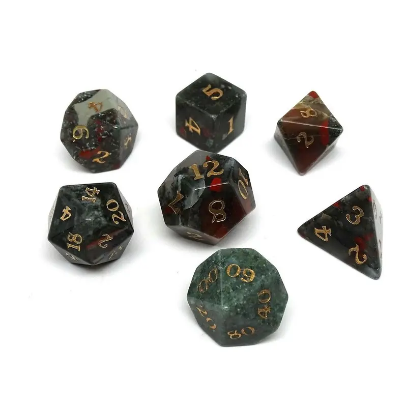 African Bloodstone Semi-Precious Gemstone 7ct Polyhedral Dice Set with Signature Font