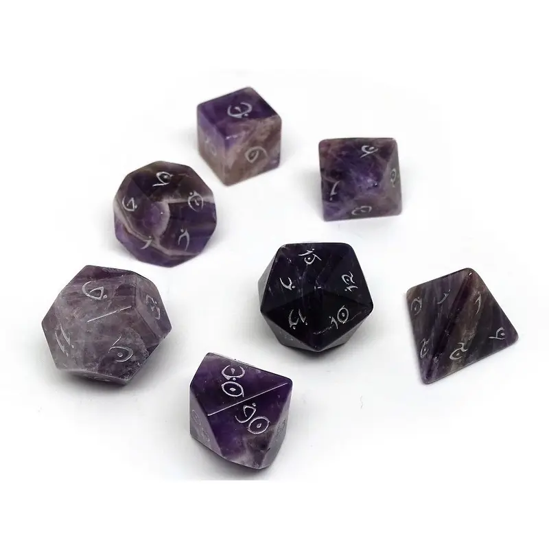 Amethyst Semi-Precious Gemstone 7ct Polyhedral Dice Set with Elvenkind Font
