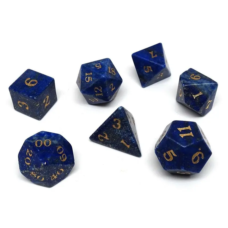 Lapis Semi-Precious Gemstone 7ct Polyhedral Dice Set with Gold Signature Font