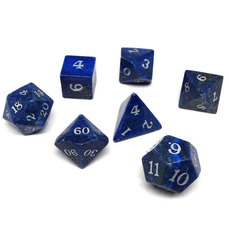 Lapis Semi-Precious Gemstone 7ct Polyhedral Dice Set with Silver Signature Font