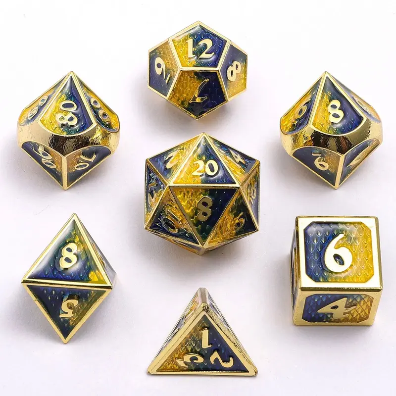 Solid Metal Mini Behemoth Dice Set - Gold with Yellow and Blue Enamel
