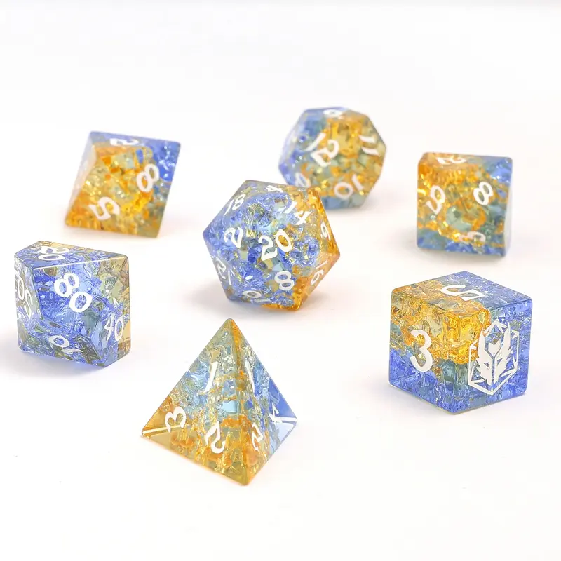 Dragon's Hoard Gem Stone Polyhedral Dice Set - Blasted Glass Blue & Yellow