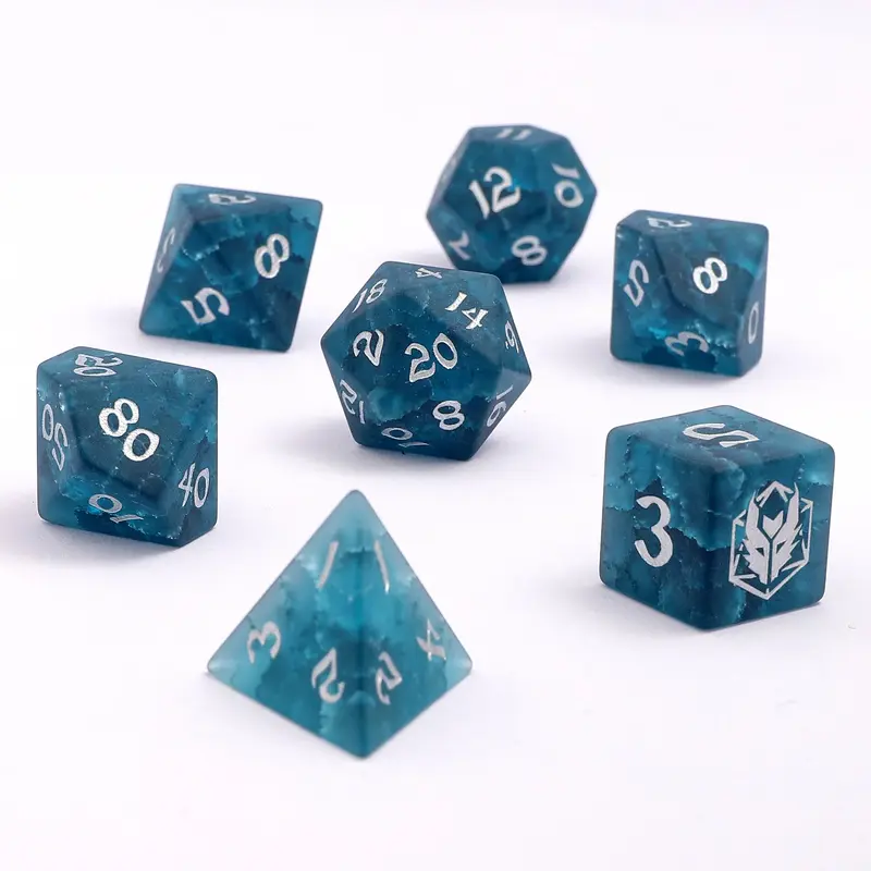 Dragon's Hoard Gem Stone Polyhedral Dice Set - Blasted Glass Frosted Dark Blue