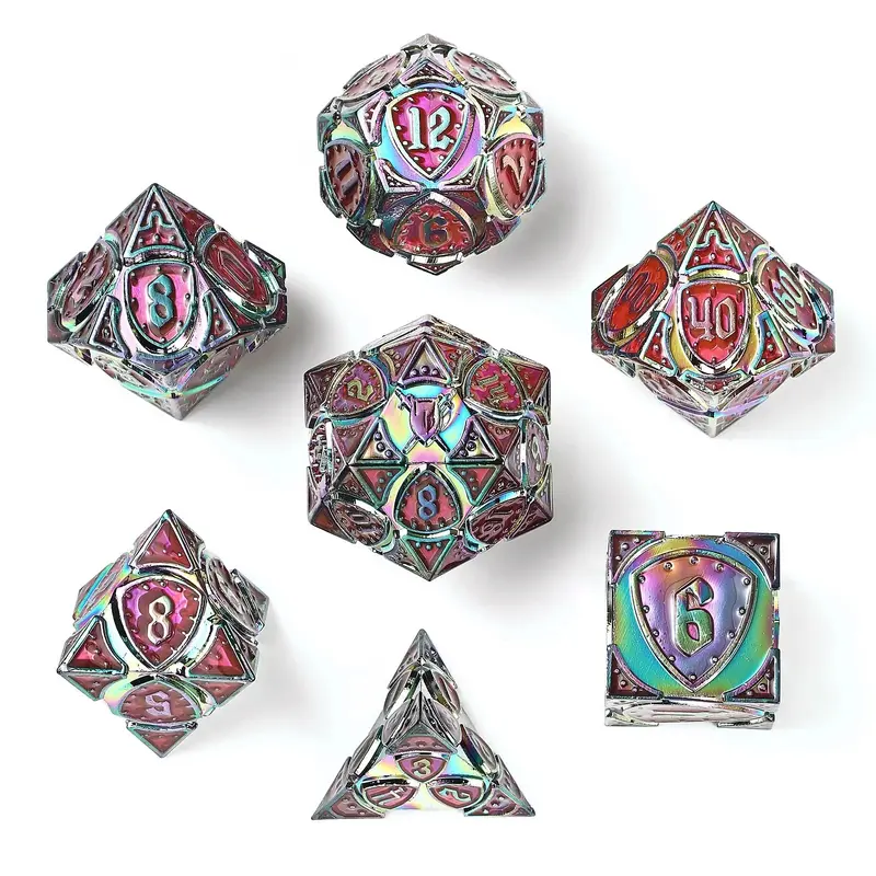 Solid Metal Fighter Class RPG Dice Set - Rainbow with UV Reactive Pink