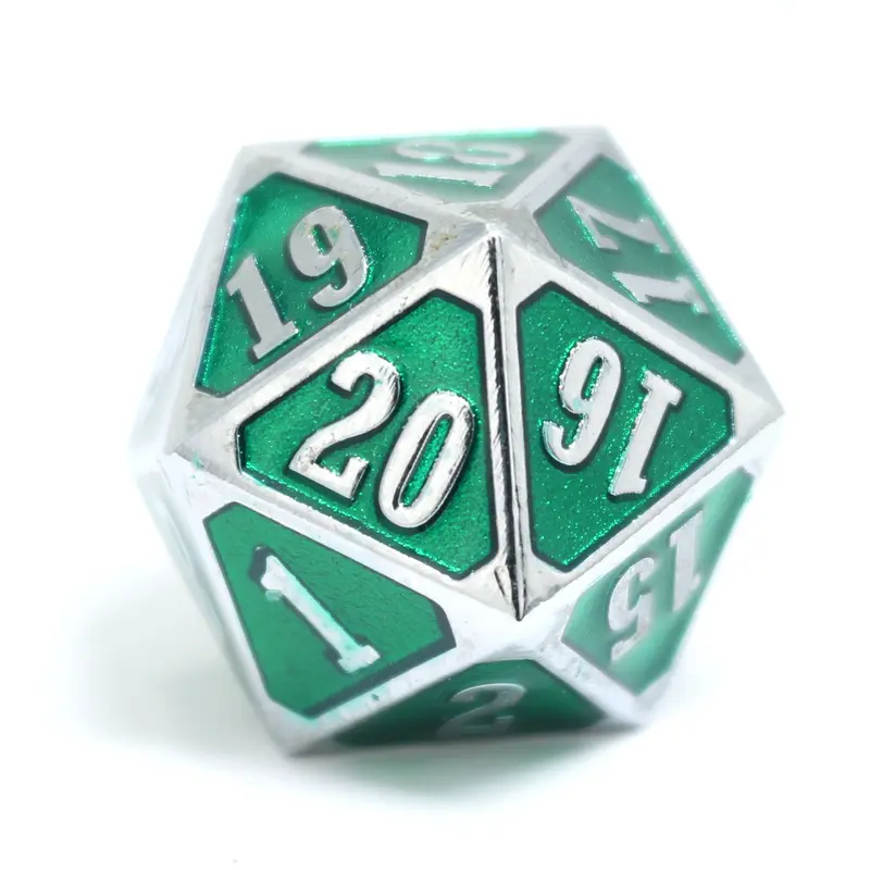 Die Hard Dice Metal Spindown D20 Shiny Silver Emerald