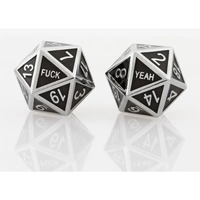 Silver Black F Yeah Set of 2 D20 Metal Dice