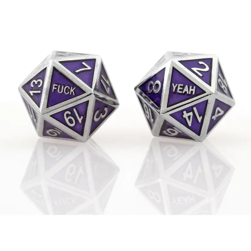 Silver Purple F Yeah Set of 2 D20 Metal Dice