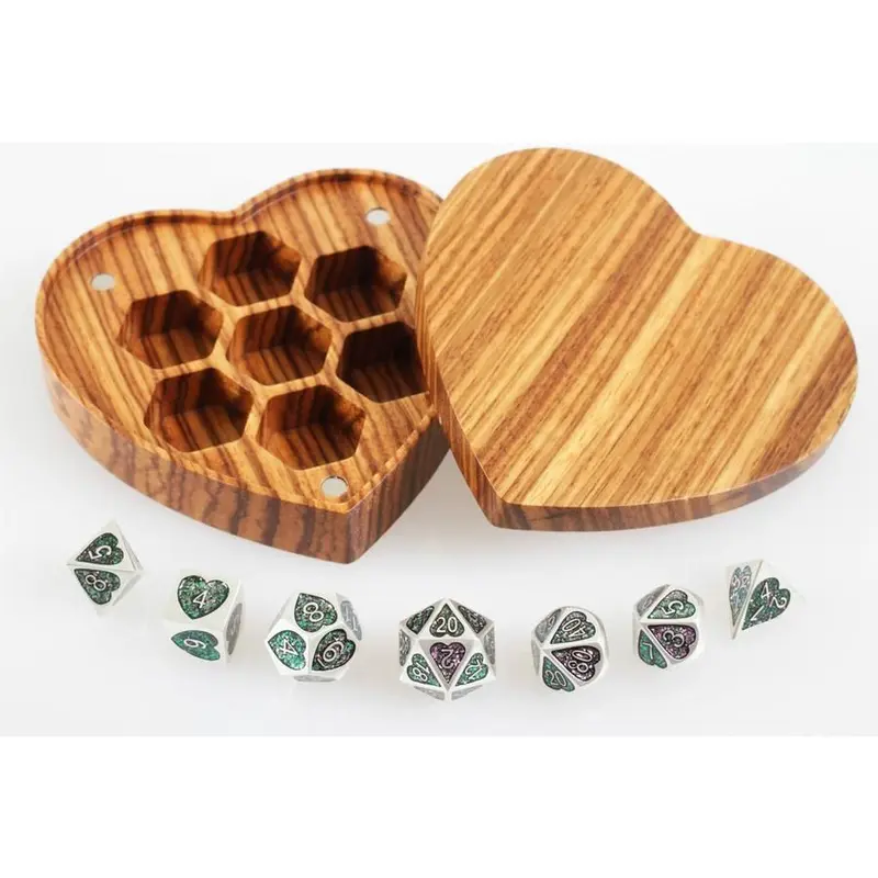Forest Heart Set of 7 Heart-Shaped Metal Dice with Box