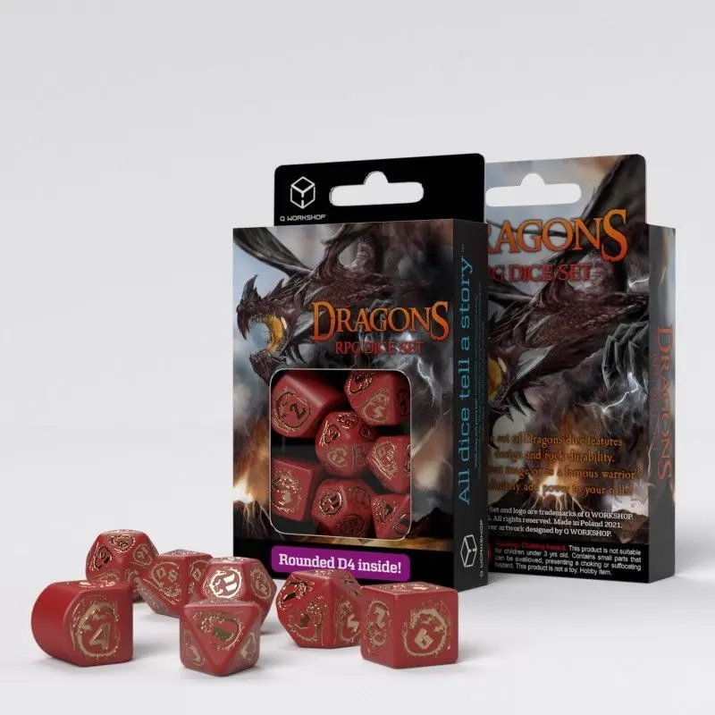 Q-Workshop 7ct Polyhedral Dice Set Dragons Red & Gold
