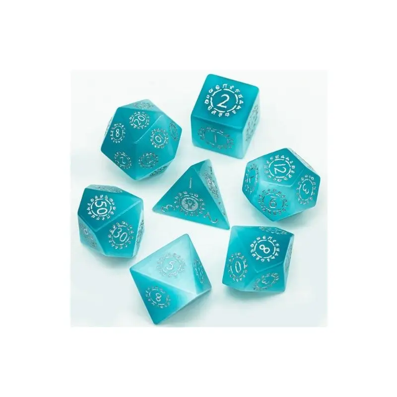 Foam Brain 7ct Gemstone Polyhedral Dice Set - Blue Cats Eye w/ Runes