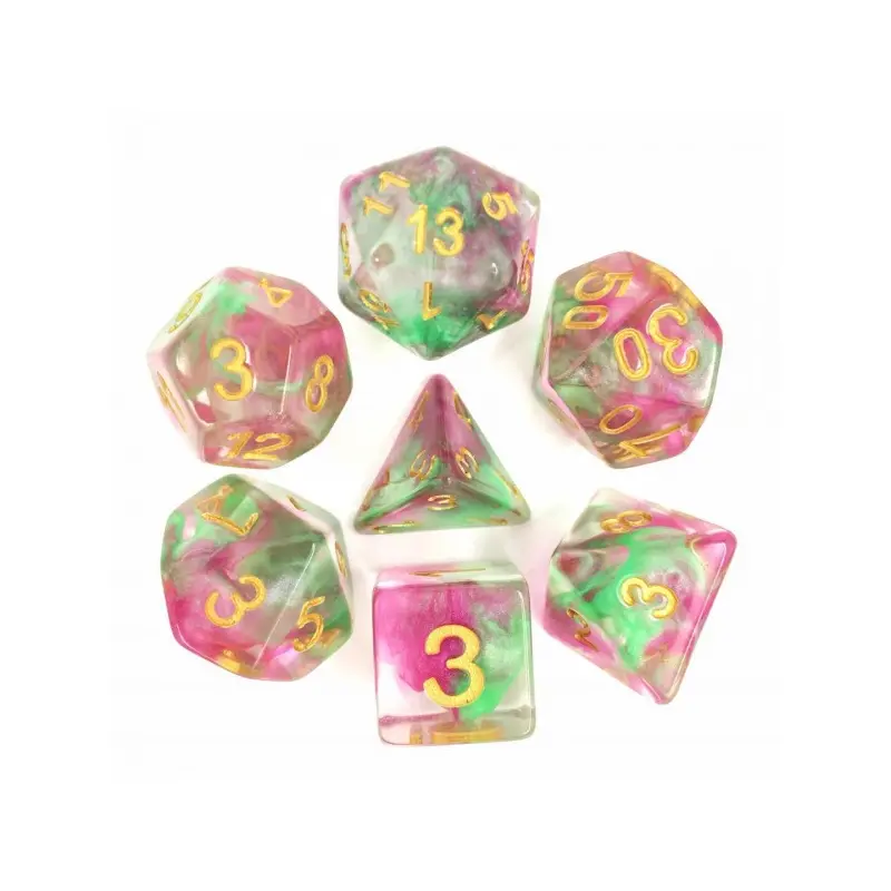 HD Dice Pearl Swirl Rose Red/Green 7ct Polyhedral Dice Set