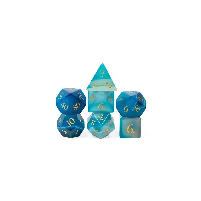 Foam Brain 7ct Gemstone Polyhedral Dice Set Blue Agate with Gold