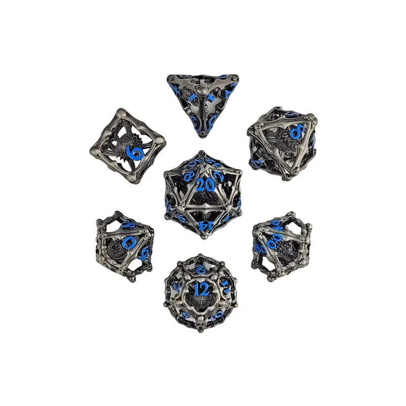 Grave Watcher Silver Blue Hollow Metal RPG Dice Set