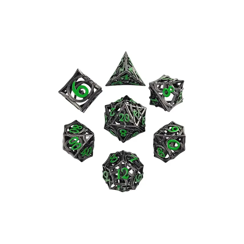 Entangled Fate Silver Green Hollow Metal RPG Dice Set