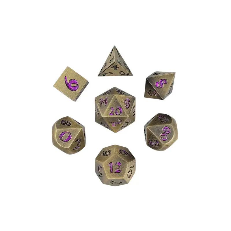 Forged Lore Brushed Brass Purple Glittler Set of 7 Metal Dice Set